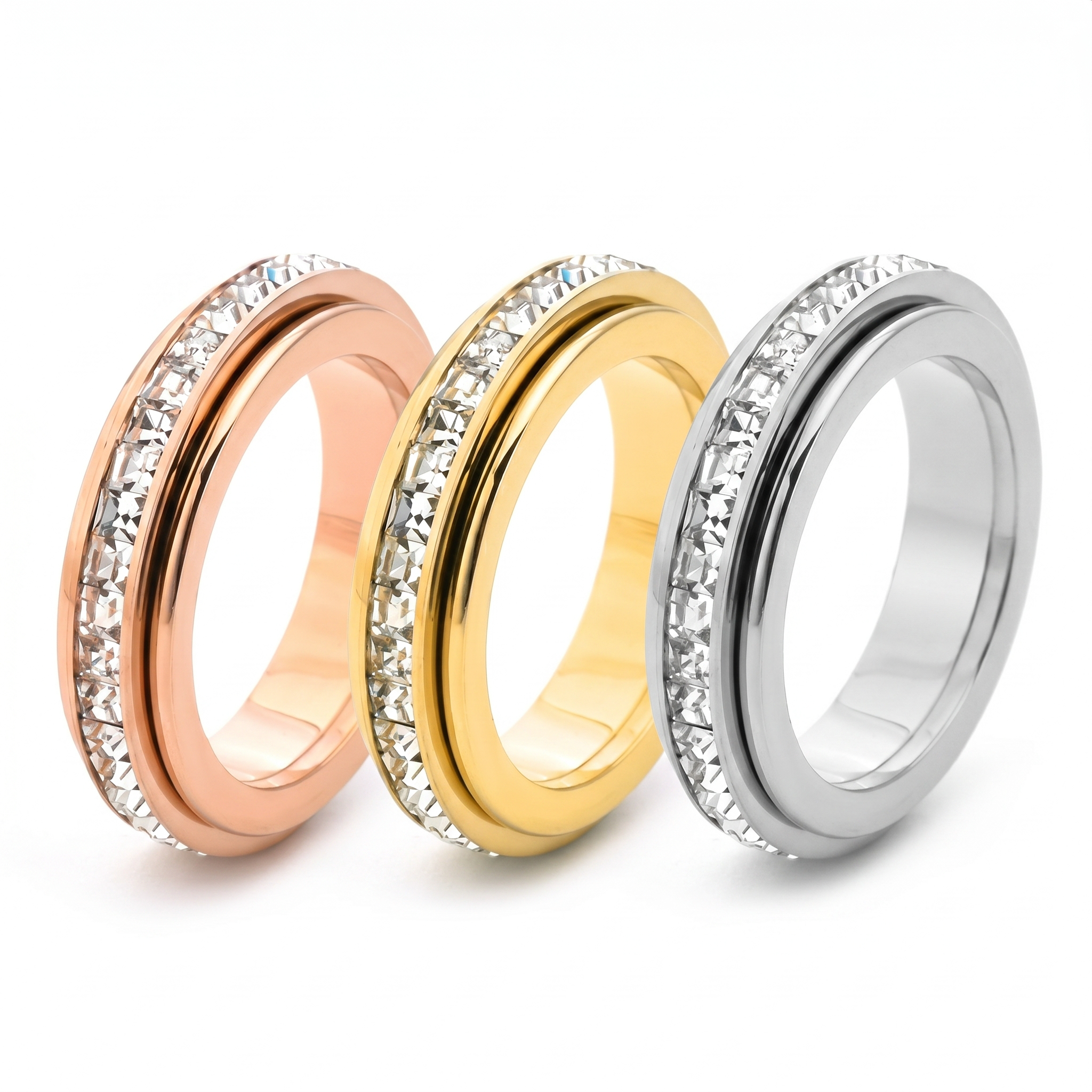Single Row Crystal Spin Fidget Ring｜Sizes 5-12