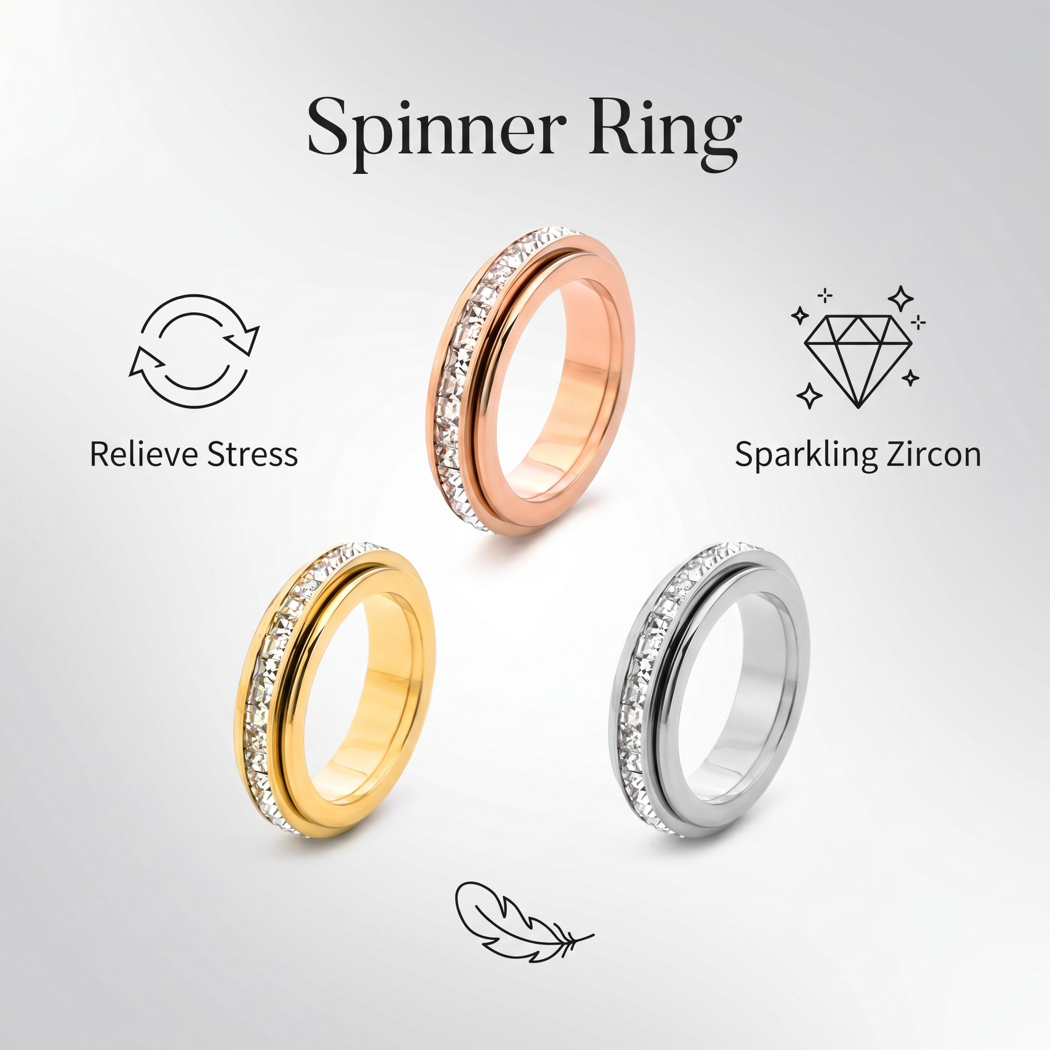 Single Row Crystal Spin Fidget Ring｜Sizes 5-12