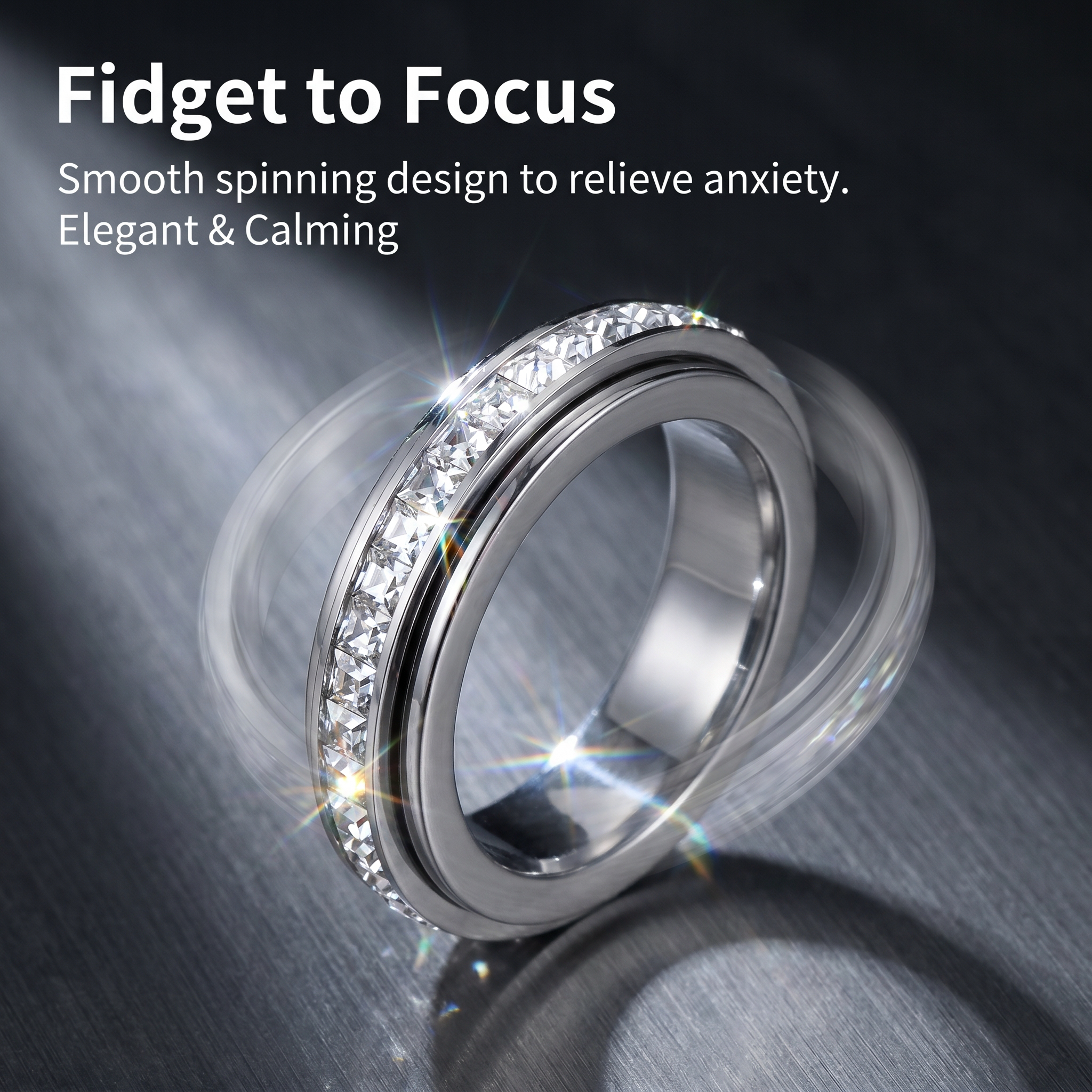 Single Row Crystal Spin Fidget Ring｜Sizes 5-12